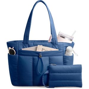 TOPDesign Puffy Tote Bag for Women with Cup Holder & Laptop Compartment & Cosmetic Bag & Trolley Sleeve for Work, Travel (Medium, Blue)
