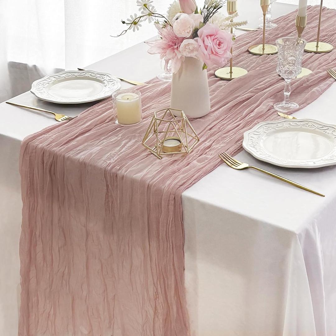 FEXIA Pink Table Runner 30x118 Inches for Spring Easter Decor Dusty Pink Cheesecloth Table Runner for Tea Party Decorations Gauze for Wedding Baby Shower Bridal Shower First Communion and Home Decor 2 Pack