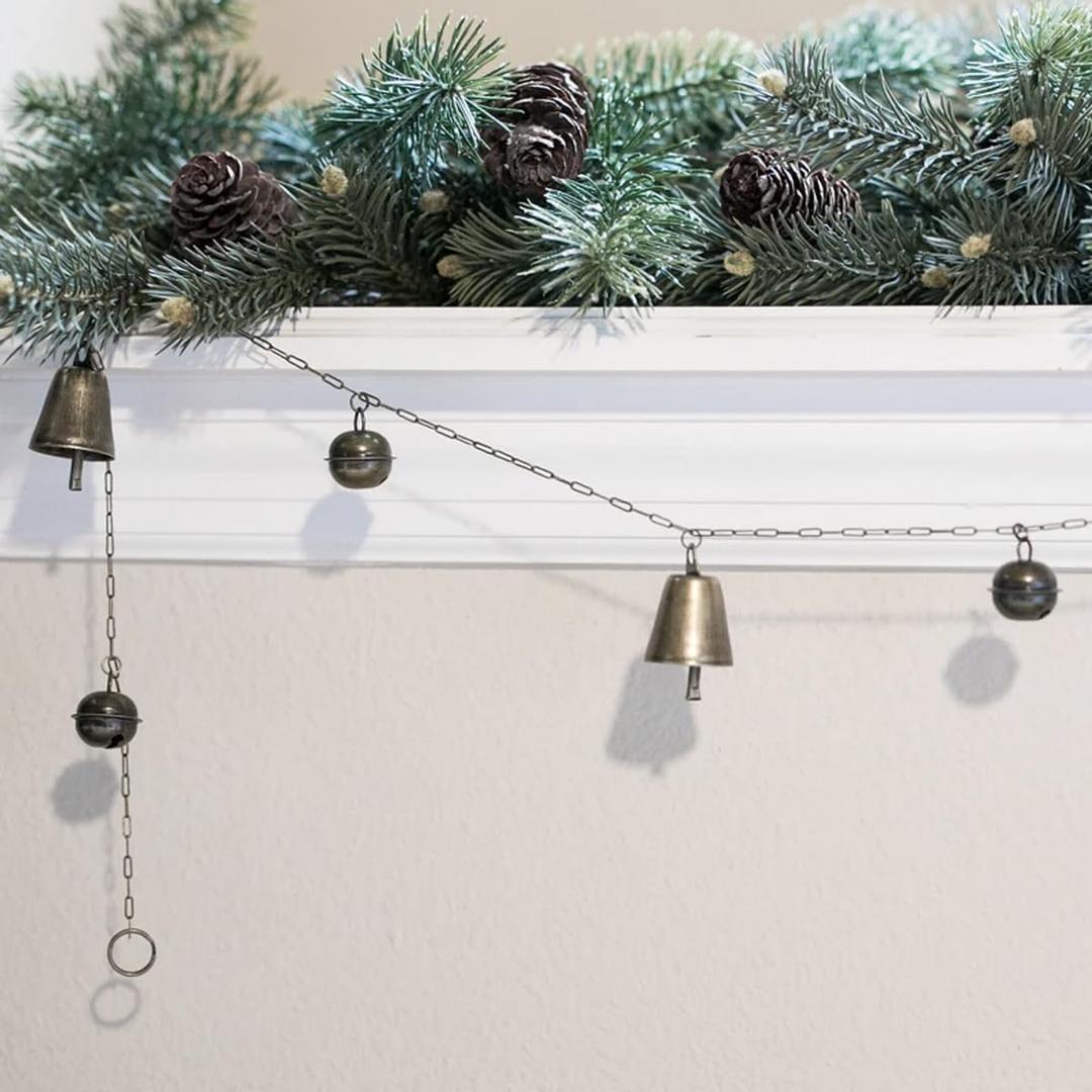 Antique Gold Finish Bell Garland, 7FT Scandinavian Christmas Decor with 15 Bells, Rustic Farmhouse Holiday Garland for Tree, Mantel, Wall Decorations - Vintage European Style Holiday Ornaments