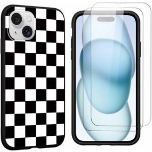 Checkered Phone Case for iPhone 15 6.1" Case with 2 Pack Tempered Screen Protector, Cute Checkerboard Pattern Design Funda Shockproof TPU Slim Soft Matte Phone Cover for Women Girls, Black