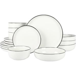Gibson Home Oslo 16-Piece Porcelain Dinnerware Set, Service for 4  White Plates with Black Rim, Microwave & Dishwasher Safe