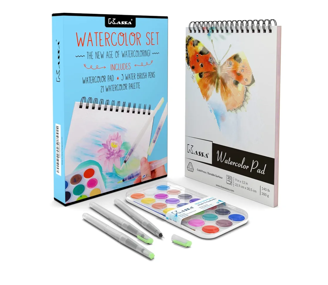 Kassa Watercolor Painting, Drawing & Art Supplies Set | Includes 21 Watercolor Palette, 30 Sheets & 3 Water Brush Pens in Assorted Sizes | Ideal for Home, School Art Projects & Bedroom Decoration