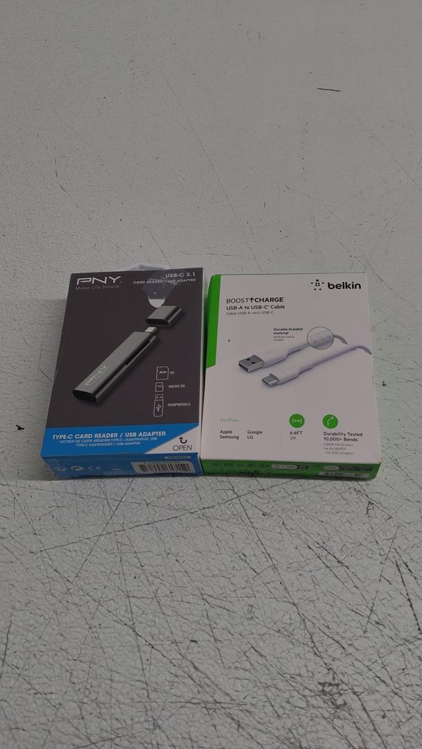 Belkin USB A to USB C Cable, 6.6ft, 15W - Type C Charger, iPhone Charger Cord, Soft, Braided, Flexible for iPhone 16 & 15, Galaxy S25, Pixel 9, iPad Pro, Airpods Pro, Switch & More - White, PNY USB 3.1 Type-C Reader/Adapter - P-CRMUS3A-BX