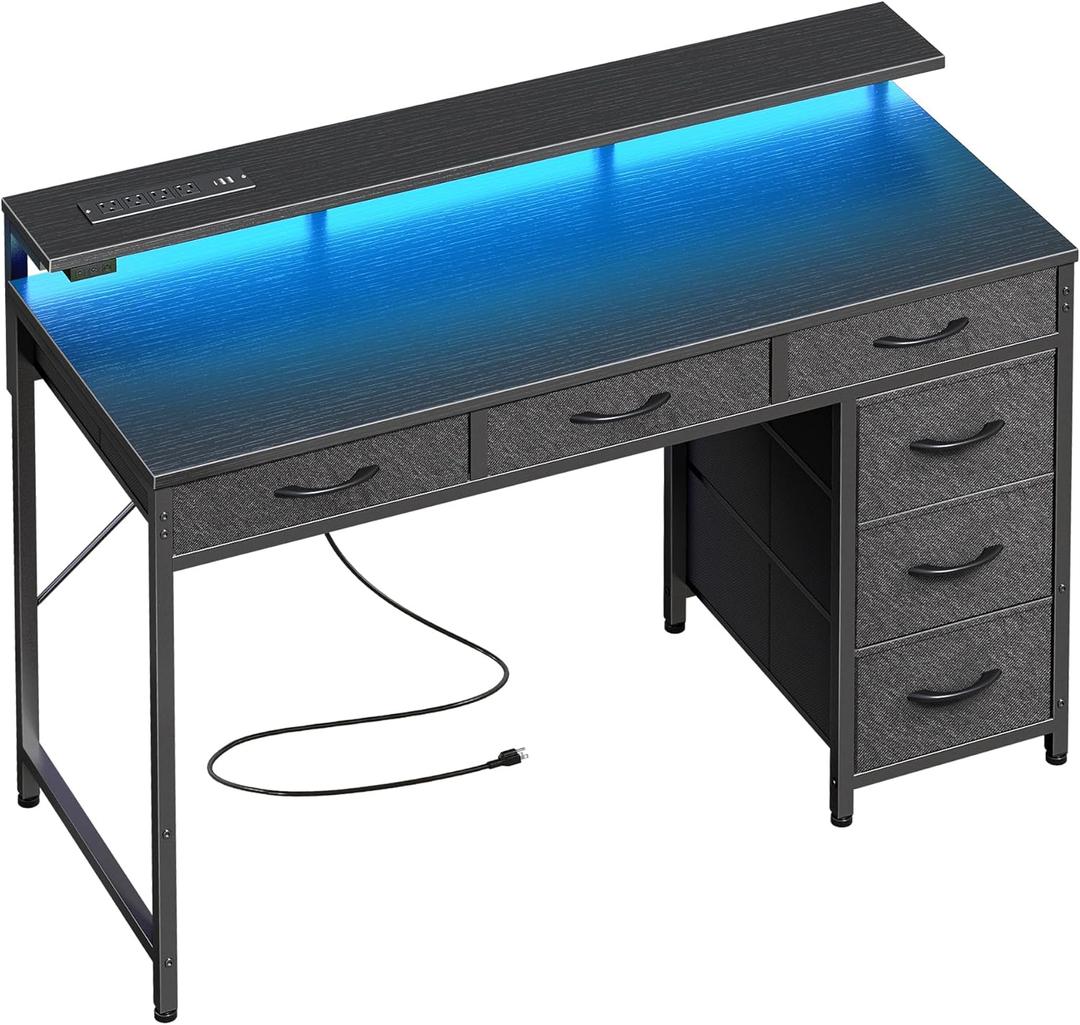 Huuger Gaming Desk with 6 Drawers, Computer Desk with LED Lights Power Outlets and Type-C, 39 Inch Office Desk with Storage, Monitor Stand, Writing Desk Work Desk Home Office, Bedroom, Black, 1CD100B