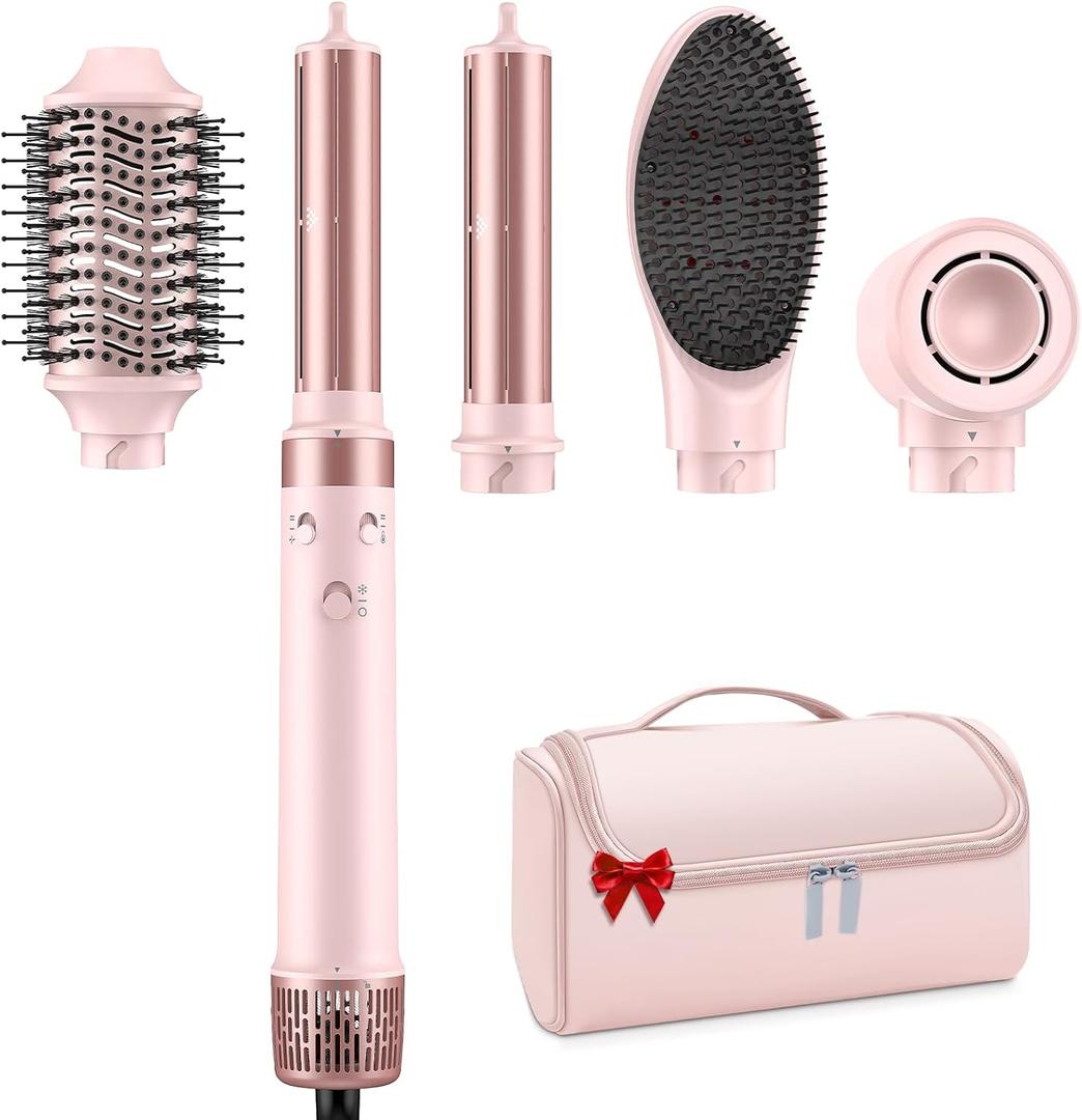 Dual Voltage 5 in 1 Hair Dryer Brush - Hot Air Wrap Styler with High-Speed Blow Dryer, Volumizing, Straightening & Drying with Negative Ion Anti-frizz for 110V-120V/220V-240V Europe and Travel Case (Pink)