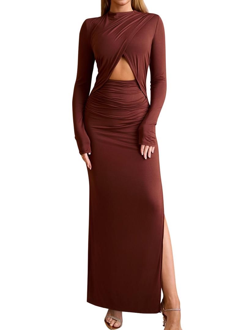 KUTUMAI Long Sleeve Cutout Slit Formal Wedding Guest Dresses for Women 2025 Fall Elegant Bodycon Ruched Maxi Dress Brown XL (XL)