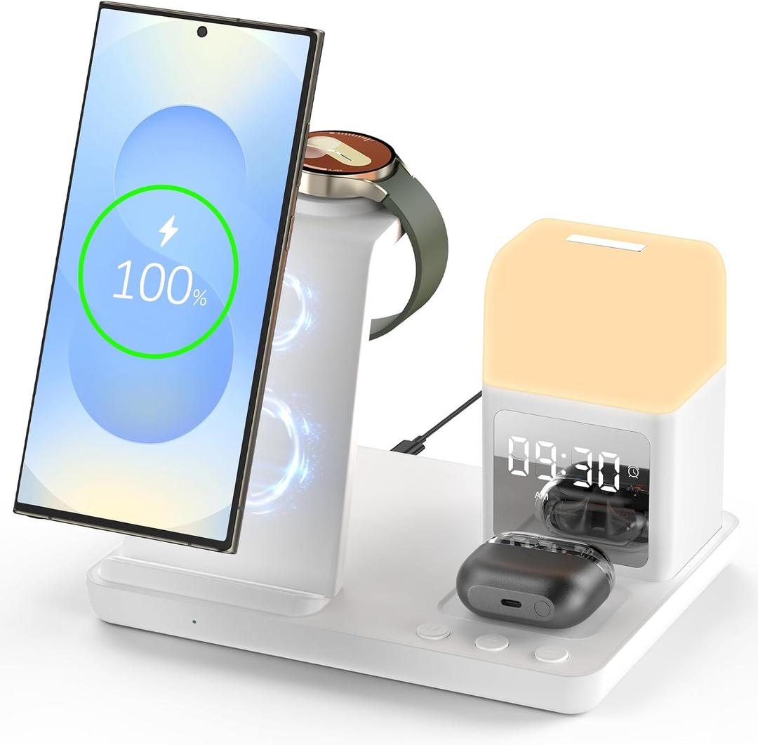 Wireless Charger for Samsung/Android,6 in 1 Alarm Clock Charging Station for Bedrooms with Bedside Clock Night Light for Samsung S25/S24/S23 Ultra/Buds,Watch Charger only for Galaxy Watch 8/7/6-White