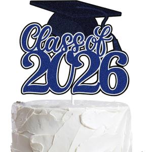 Class of 2026 Graduation Cake Topper Blue Glitter Congrats Grad Cake Decorations Happy Graduation Congratulations Grad 2026 Party Supplies (Blue)