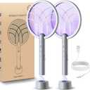 Electric Fly Swatter Racket, Mosiller 2 in 1 Smart Bug Zapper & Power Take Off Generators with USB Rechargeable Base, Powerful Mosquitoes Trap Lamp & Fly Killer for Home, Bedroom (Light Grey, 2 Pack)
