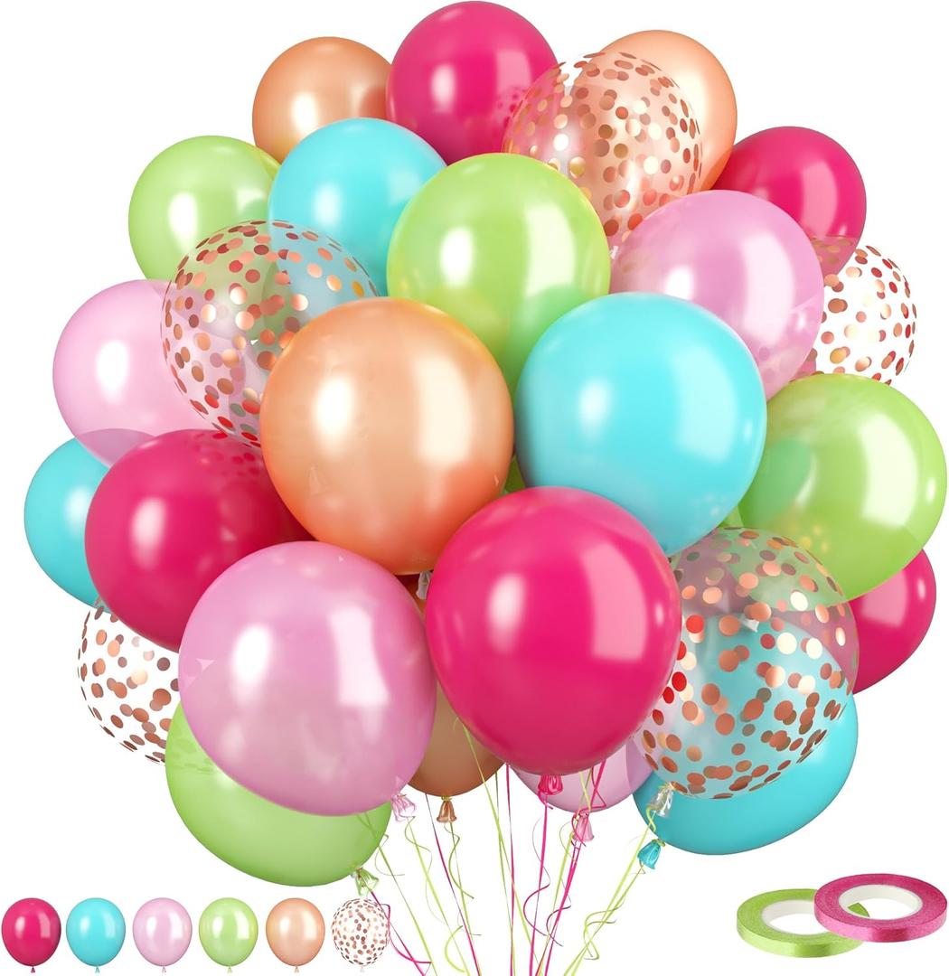 FunHot Tropical Balloons, 60 Pcs 12 Inch Hot Pink Teal Blue Latex Balloons with Rose Gold Confetti for Birthday Baby Shower Wedding Beach Tropical Flamingo Party Decorations