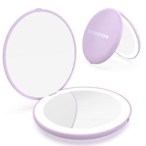 wobsion Travel Compact Mirror, Portable 1x/10x LED Makeup Mirror with Magnification, Handheld 2-Sided Pocket Mirror, 3.5in Small Mirror for Purse, Handbag, Gift, Purple (3.5-inch Battery Purple)