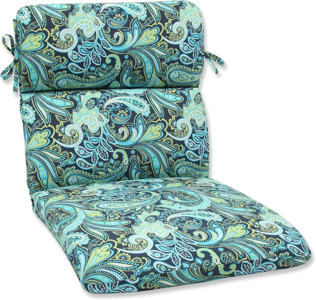 Pillow Perfect Paisley Indoor/Outdoor 1 Piece Split Back Round Corner Chair Seat Cushion with Ties, Deep Seat, Weather, and Fade Resistant, 32" x 16", Blue/Green Pretty