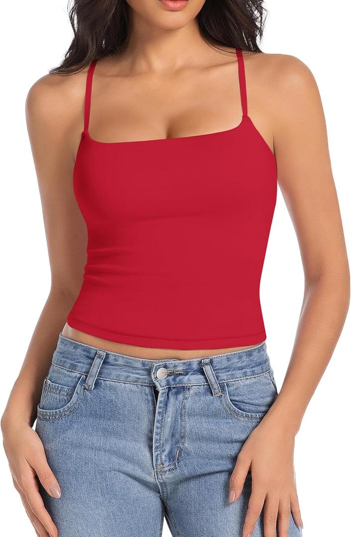 Camisole Tops for Women Sleeveless Adjustable Spaghetti Strap Tank Tops Y2K Basic Shirts(Red,Large) (Red, L)