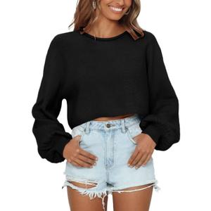 Imily Bela Cropped Sweaters for Women Lantern Long Sleeve Crop Top Slouchy Trendy Loose Crewneck Pullover Sweater - M