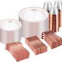bUCLA 600PCS Clear Rose Gold Plastic Dinnerware Set Disposable - Include 100 Dinner Plates, 100 Dessert Plates, 100 Knives, 100 Forks, 100 Spoons, 100 Cups for Party & Wedding