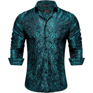DiBanGu Mens Silk Paisley Dress Shirts,Long Sleeve Button Down Shirt Casual Regular Fit Shirt for Men Wedding Party (Green, XXL)