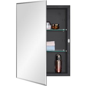 Black Bathroom Medicine Cabinet with Beveled Edge Mirrored Door 16 x 22 inch, Recessed or Surface Mount, with Adjustable Glass Shelves
