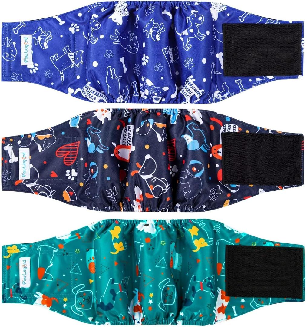 Paw Legend Washable Dogs Diapers Male Dog Belly Bands for Male Dogs Diapers Reusable Puppy & Doggie Diapers Male (3 Pack, Large)