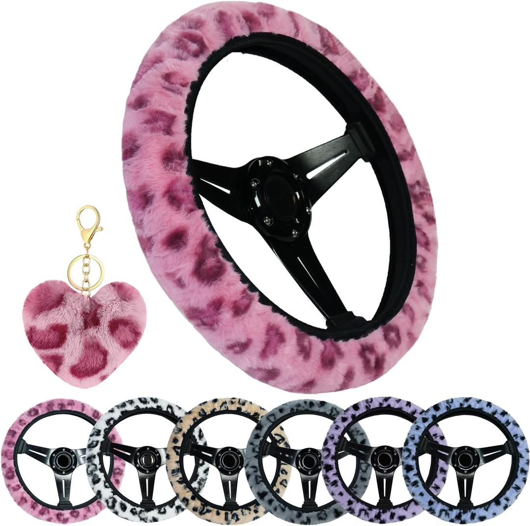 Leopard Steering Wheel Cover with Keychain, Elastic Fuzzy Fur Cheetah Car Steering Wheel Protector Women Girl Car Accessories Universal Fit 15 inch Fit Auto, Suvs, Truck- Pink