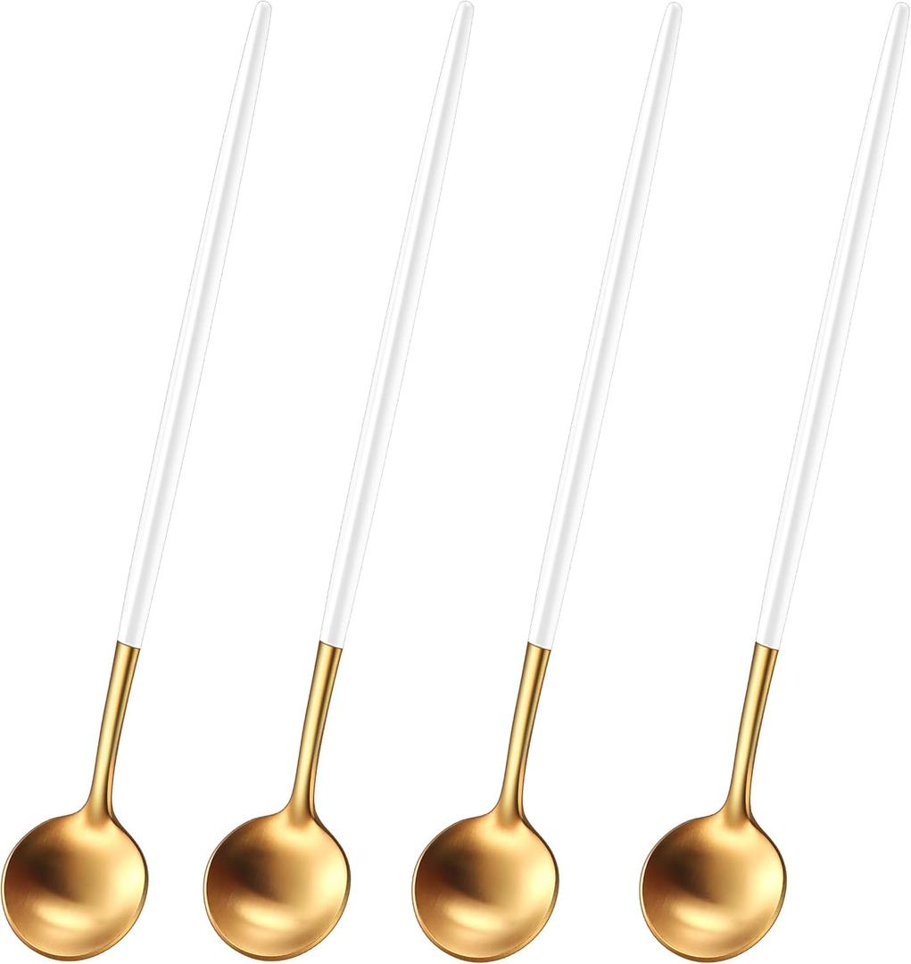 2 x 7.95 Inches Satin Gold Stainless Steel 18/10 Iced Tea Spoons With White Handle,Set Of 4 Ice Teaspoons,Long Handle Coffee Stirring Spoons,Sundae Spoon For Mixing
