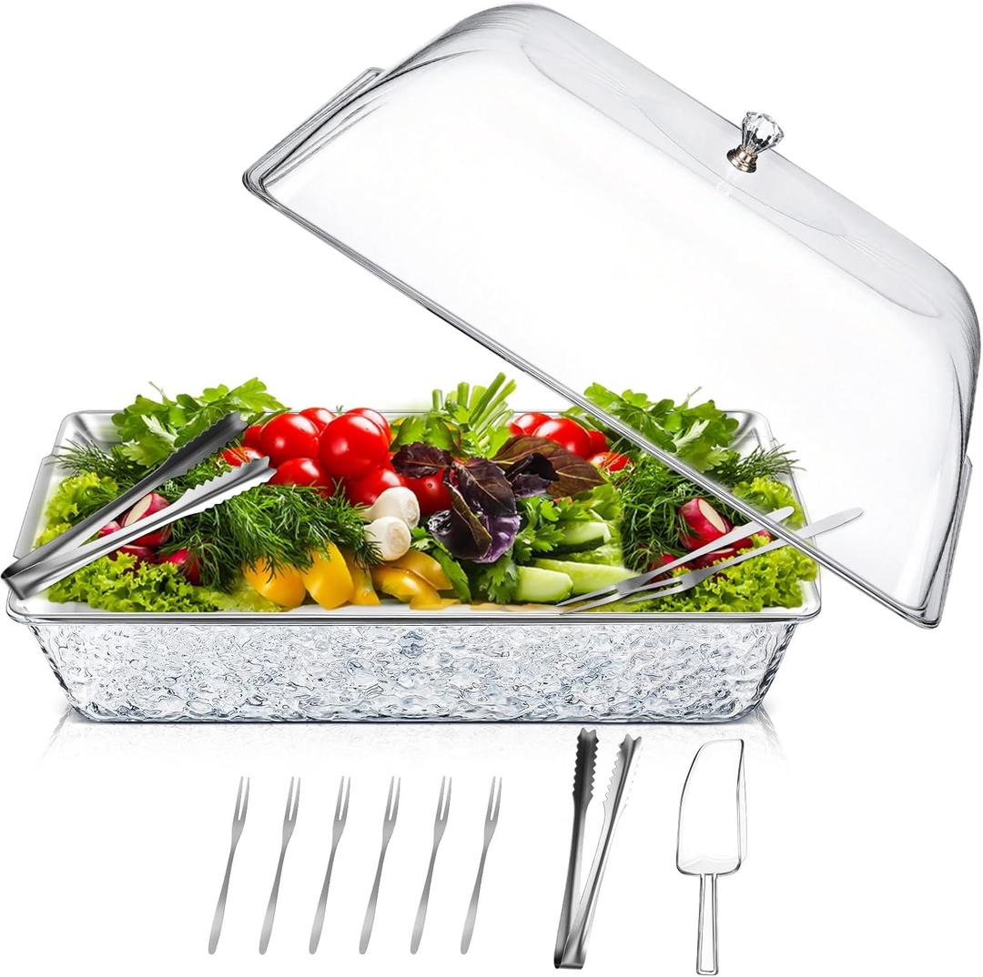 Baderke 1 Set 16" x 9" Chilled Serving Tray for Parties with Compartments and Lid Charcuterie Serving Board Ice Rectangle Chilled Party Platter for Seafood Vegetable Fruit Shrimp Cocktail (Silver)