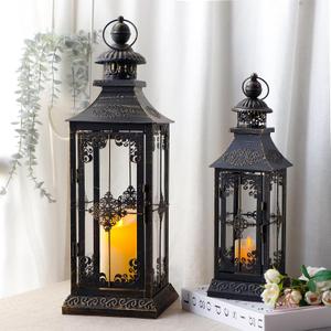 TRIROCKS Set of 2 Decorative Lanterns 21.5'' & 16" H Vintage Hanging Tower Lantern Metal Candle Holder with Tempered Glass for Indoor Outdoor Home Decor Parties Garden Wedding Patio