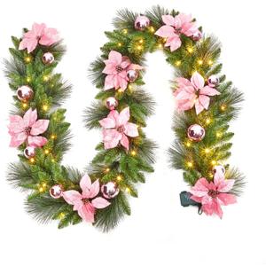 Garvee Pre-Lit Christmas Garland with LED Lights, Lighted Garland with Flower Cypress Leaves Christmas Ball, Indoor Outdoor Xtmas Decoration, 9 ft/ 108 in, Pink