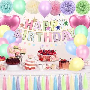 Pastel Rainbow Party Decorations - 50Pcs Pastel Birthday Decorations with Happy Birthday Banner, Balloons & Paper Pom Poms, Macaron Theme Party Supplies for Girls & Boys, Kids, Women