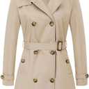 CREATMO US Women's Trench Coat Double-Breasted Classic Lapel Overcoat Belted Slim Outerwear Coat with Detachable Hood (Large, Khaki)