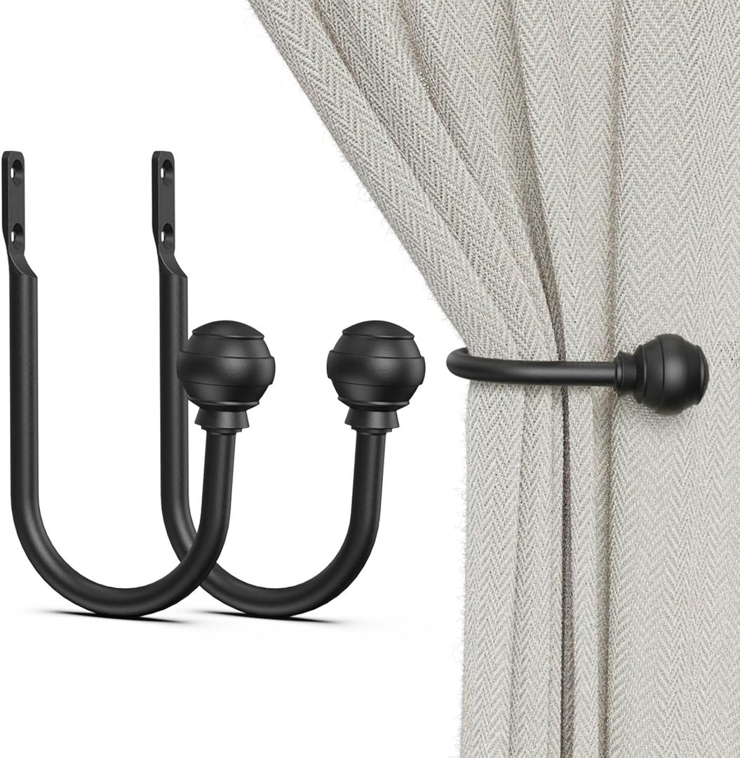 Hion Curtain Holdbacks Black 2pcs, Curtain Tiebacks Wall Mounted Curtain Hooks Holders for Drapes