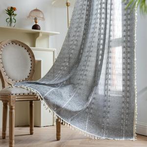 Boho Curtains 63 inch Long 2 Panels For Living Room Bedroom, Dark Grey Chic Embroidered Linen Farmhouse Light Filtering Drapes Privacy Striped Rod Pocket Window Treatment with Tassels, W52xL63