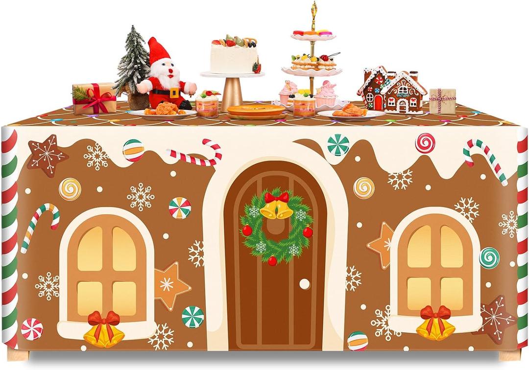 VitalCozy Christmas Rectangle Fitted Tablecloth Reusable Washable Merry Christmas Table Cover for Winter Xmas Holiday Party Decoration Dining Supplies (72" X 30",Gingerbread House)