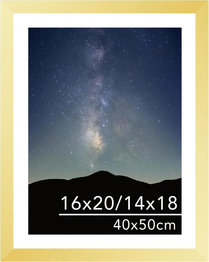 JCJMY 16x20 Picture Frame Gold with 14x18 Mat for 40 x 50cm Diamond Art Painting, Display Photo 14x18 with Mat or 16 x 20 Without Mat, Wall Hanging Large Frame with Plexiglass, Gold
