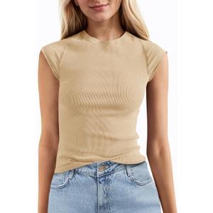 Tankaneo Womens Cap Sleeve Tops Crew Neck Ribbed Knit T Shirt Summer Casual Slim Fit Basic Tees Tshirt (Beige)