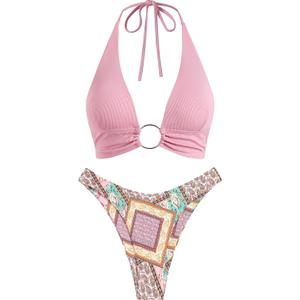 ZAFUL O Ring Halter Bikini Sets for Women High Cut Swimsuits Trendy 2 Piece Bathing Suits (Medium, 1-pink Tribal)