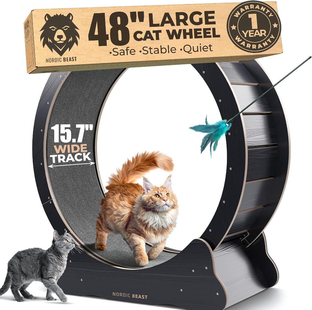 Nordic Beast 48'' XL Cat Wheel Safe, Quiet & Stable Exercise Wheel for Large Indoor Cats up to 45 lbs 15.7'' Extra-Wide Surface Fits 2 Cats Side by Side & Prevents Wobbling, (Black)