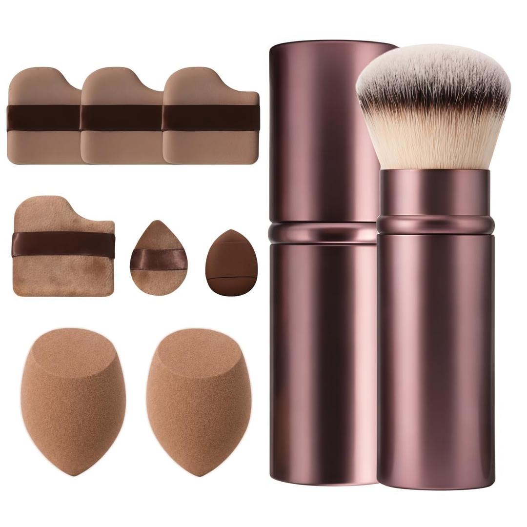 Beauty Sponge & Retractable Makeup Brush Set - 9 PCS Makeup Sponge Applicator Tool Set With Powder Puffs Beauty Sponges & Retractable Kabuki Brush for Foundation, Concealer, Liquid, Cream & Powder
