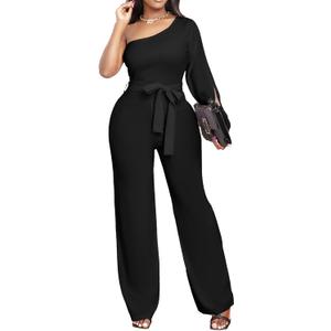 sexycherry Formal Jumpsuit for Women Dressy Elegant Long Straight Pants Jumpsuits for Party Club with Zipper (X-Large, Dark Black)