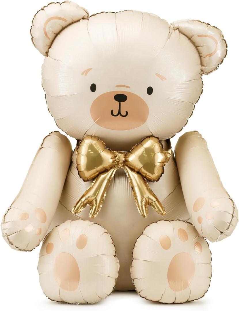 Giant Teddy Bear Foil Balloon PartyDeco 29.5x33 Inch Cute Cream Bear Balloons with Gold Bow for Baby Shower, Birthday Kids, Gender Reveal Neutral Party Decor