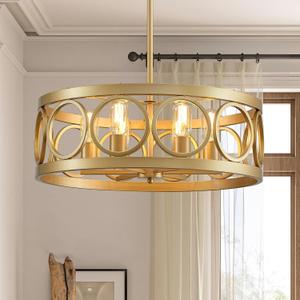 Gold Dining Room Light Fixture Drum Chandeliers, 6-Light Modern Light Fixtures for Living Room Kitchen Entryway Bedroom Foyer Hall, 22'' Metal Round Hanging Chandelier Farmhouse Pendant Light