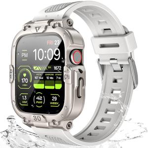 Dsytom Waterproof Case with Band Compatible for Apple Watch Band 45mm 44mm 41mm 40mm for Men ,Rugged Shockproof Smartwatch Strap Protective Bumper Cover with Built-in Tempered Glass Screen Protector (Starlight)