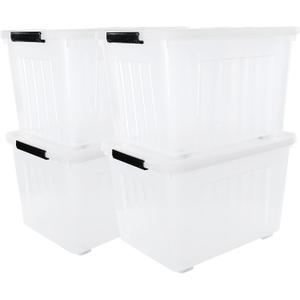 Cand 50 Quart Clear Plastic Box with Wheels, Large Lidded Storage Bins, 4 Packs
