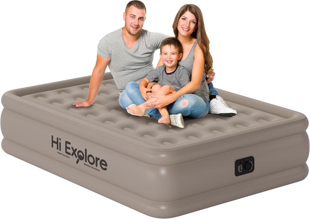 Air Mattress Full with Built in Pump Raised, with Comfortable Plush, Inflatable Blow Up Mattress, Portable Airbed for Home, Guests, Camping(Khaki, 18 Height)