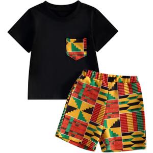 Mubineo Toddler Boy Girl Summer Dashiki Clothes African Print Outfits Kids Kente T Shirts Shorts Set (Black Yellow Red, 4 Years)