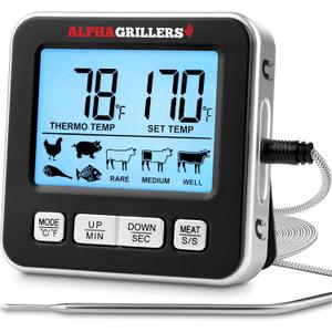 Alpha Grillers Oven Thermometer - Large Display Meat Thermometer Digital for Cooking - Oven Safe Leave-in Wired Kitchen Food & BBQ Grilling Probe w/ 7 Preset Temperatures & Clock Timer