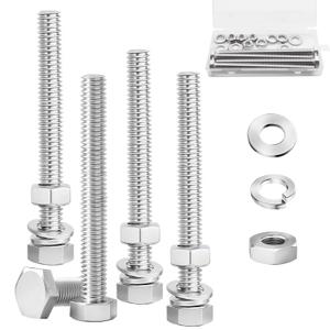 4 Sets 3/8-16 x 5" Stainless Steel Hex Head Screws Bolts, Nuts, Flat & Lock Washers,18-8(305) Full Thread (Silver)