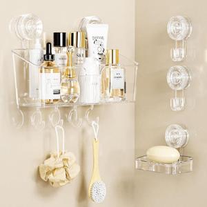 LUXEAR 4 Packs Shower Caddy Suction Cup Clear White - Shower Shelf+Soap Dish+Suction Hooks - 1 Second Installation NO-Drilling Removable Powerful Waterproof Shower Organizer for inside Shower Bathroom
