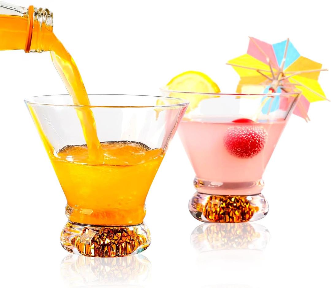 Martini Glasses Set of 2, 8oz Stemless Martini Cocktail Glasses, Crystal Martini Glasses for Margarita, Manhattan, Cosmopolitan, Home Bar, Parties, Martini Glassware Gift Set(Gold)