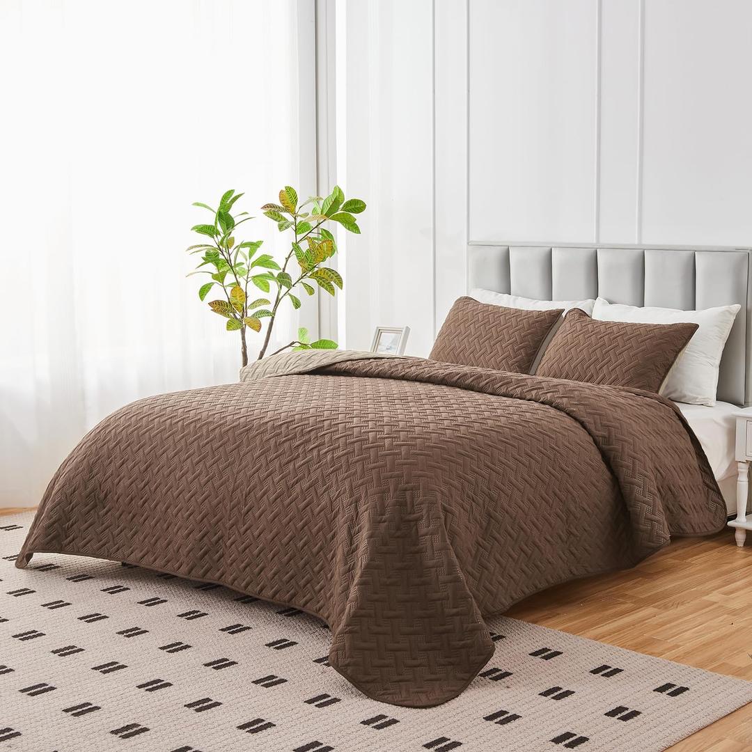 U-NICE HOME 3-Piece Quilt Set Full/Queen Size for All Season with Pillow Shams, Reversible Bedspread/Coverlet/Bedding Decor-Soft, Lightweight, Chocolate/Beige (Full/Queen (90'' x 96''))
