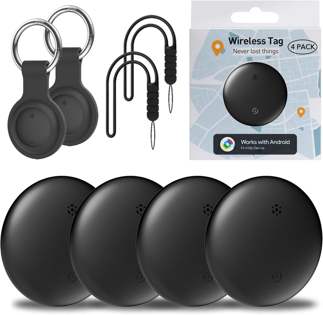 Air Tracker Tags-4 Pack for Android, Item Locator Key Finder Works with Find Hub App, Luggage Tracker for Keys, Wallet, Suitcase, IP67 Waterproof, Compatible with Android Phone (Black)